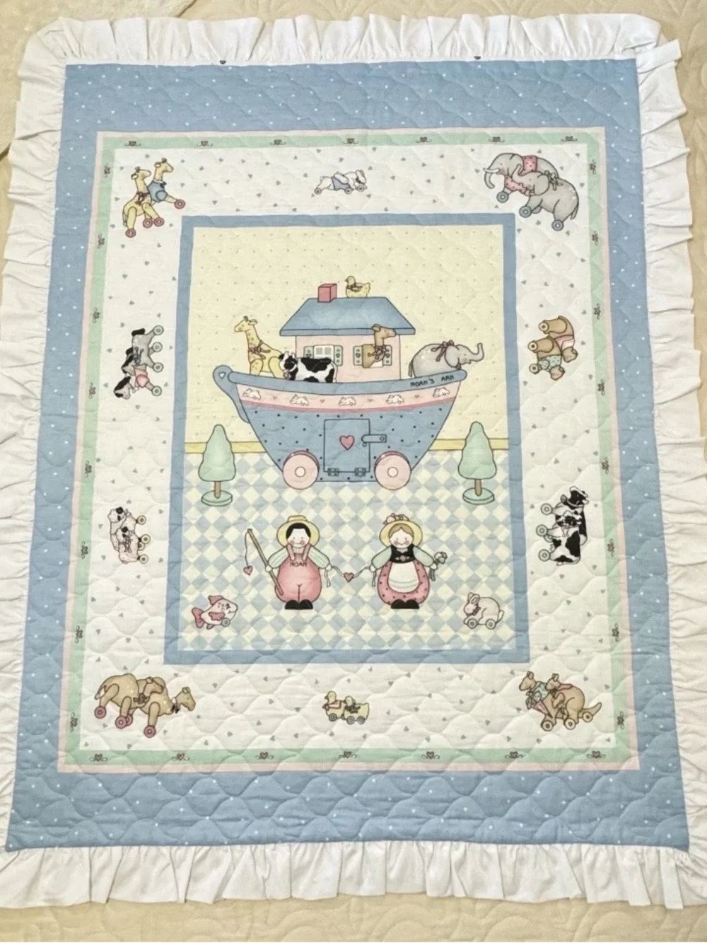 Vintage Handmade Noah’s Ark Baby Quilt, Nursery Ruffle Edge Blanket 48” x 38”